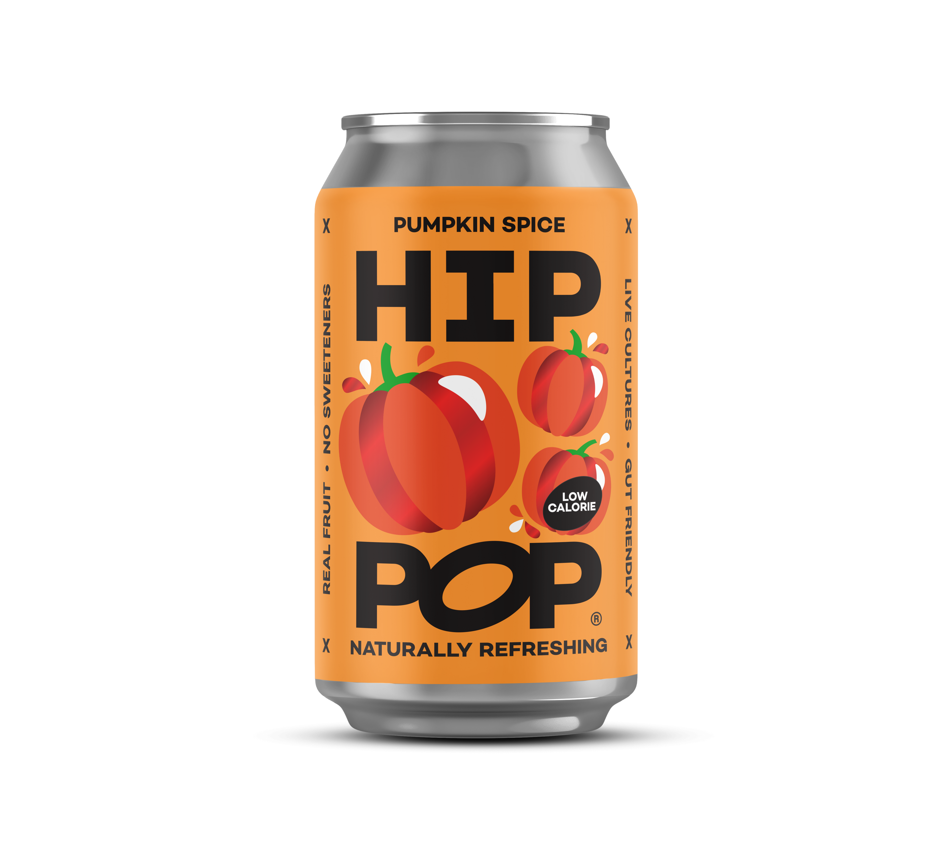 Pumpkin spice drink can of Hip Pop, featuring bold orange branding with illustrated pumpkins and labels highlighting its natural ingredients and low-calorie, gut-friendly benefits.