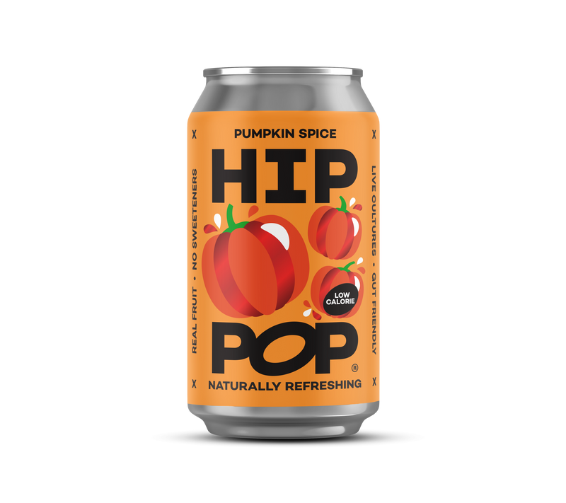 Pumpkin spice drink can of Hip Pop, featuring bold orange branding with illustrated pumpkins and labels highlighting its natural ingredients and low-calorie, gut-friendly benefits.