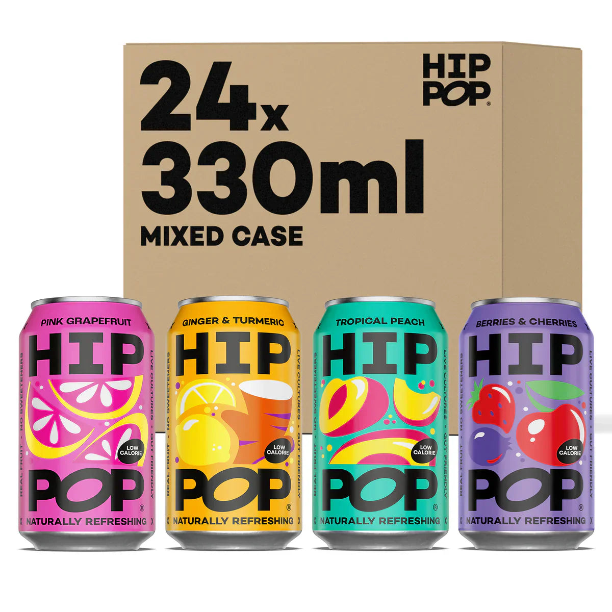 A 24-pack mixed case of HIP POP sparkling soft drinks, featuring four vibrant flavours: Pink Grapefruit, Ginger & Turmeric, Tropical Peach, and Berries & Cherries, each in 330ml cans with colourful designs.