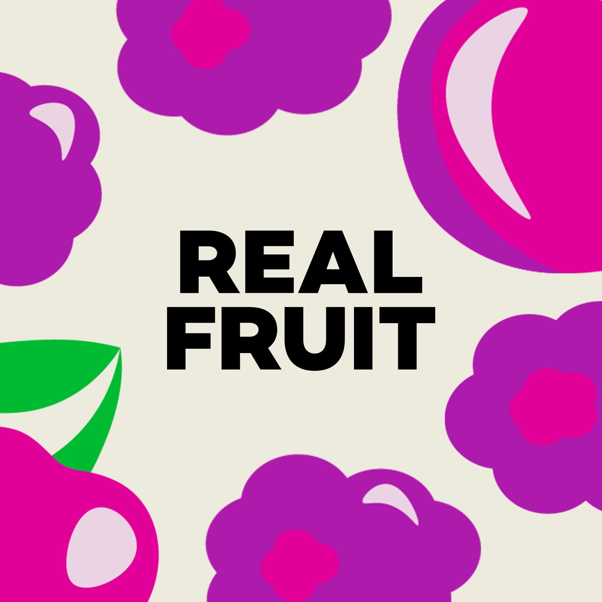 Text 'REAL FRUIT' surrounded by colorful fruit illustrations on a light background