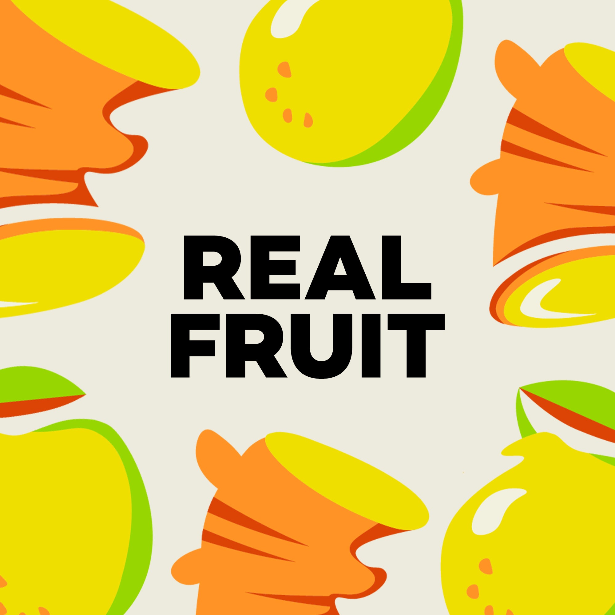Illustrations of fruits with the text 'REAL FRUIT' on a light background