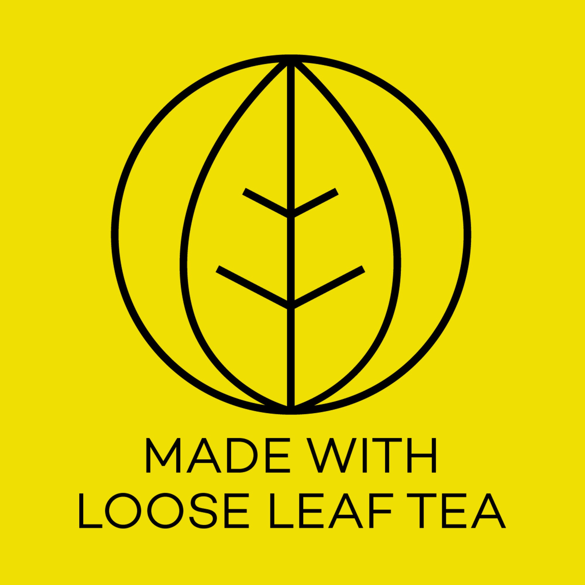 Logo with a leaf design and text 'Made with Loose Leaf Tea' on a yellow background