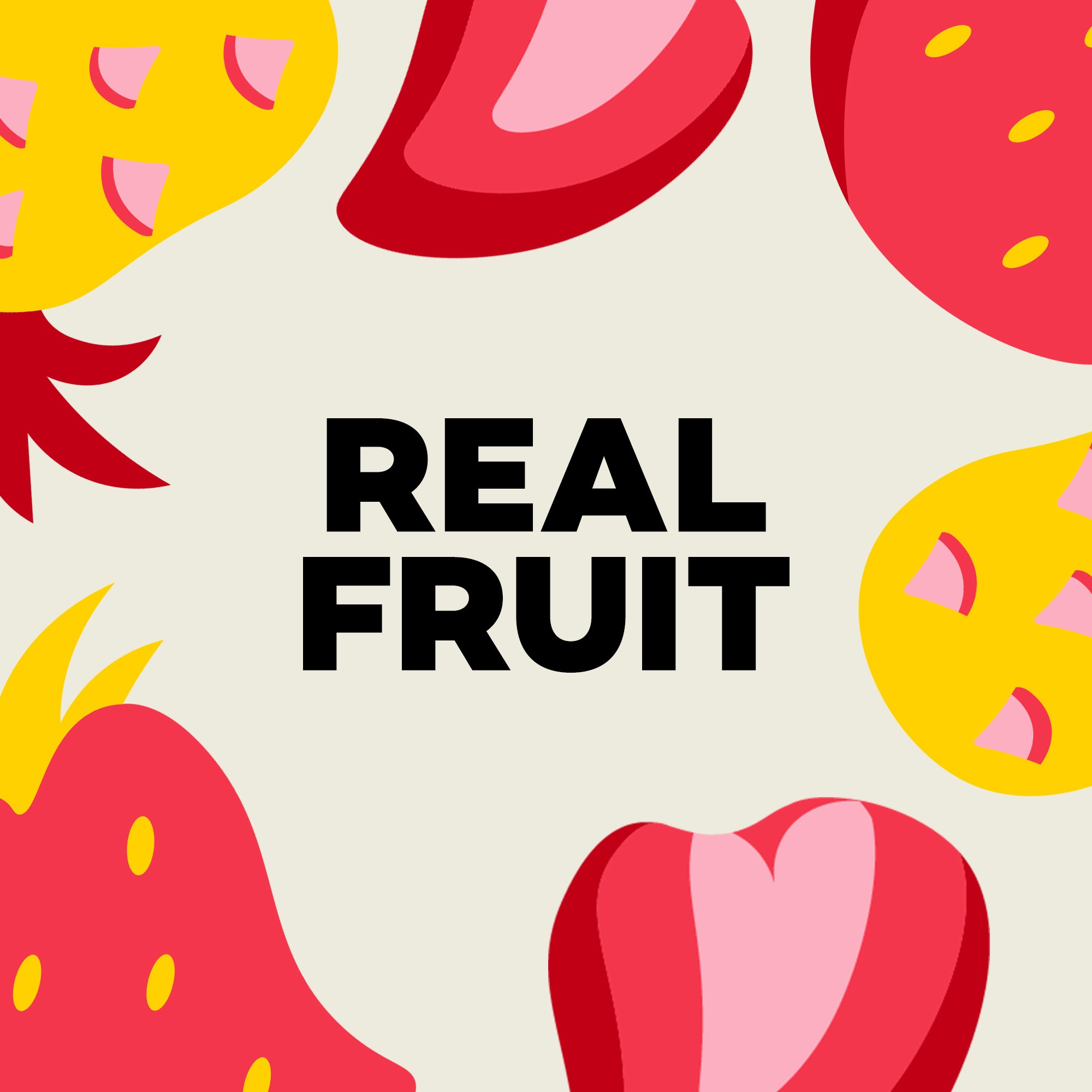 Illustrations of strawberries and dragon fruit with 'REAL FRUIT' text on a beige background