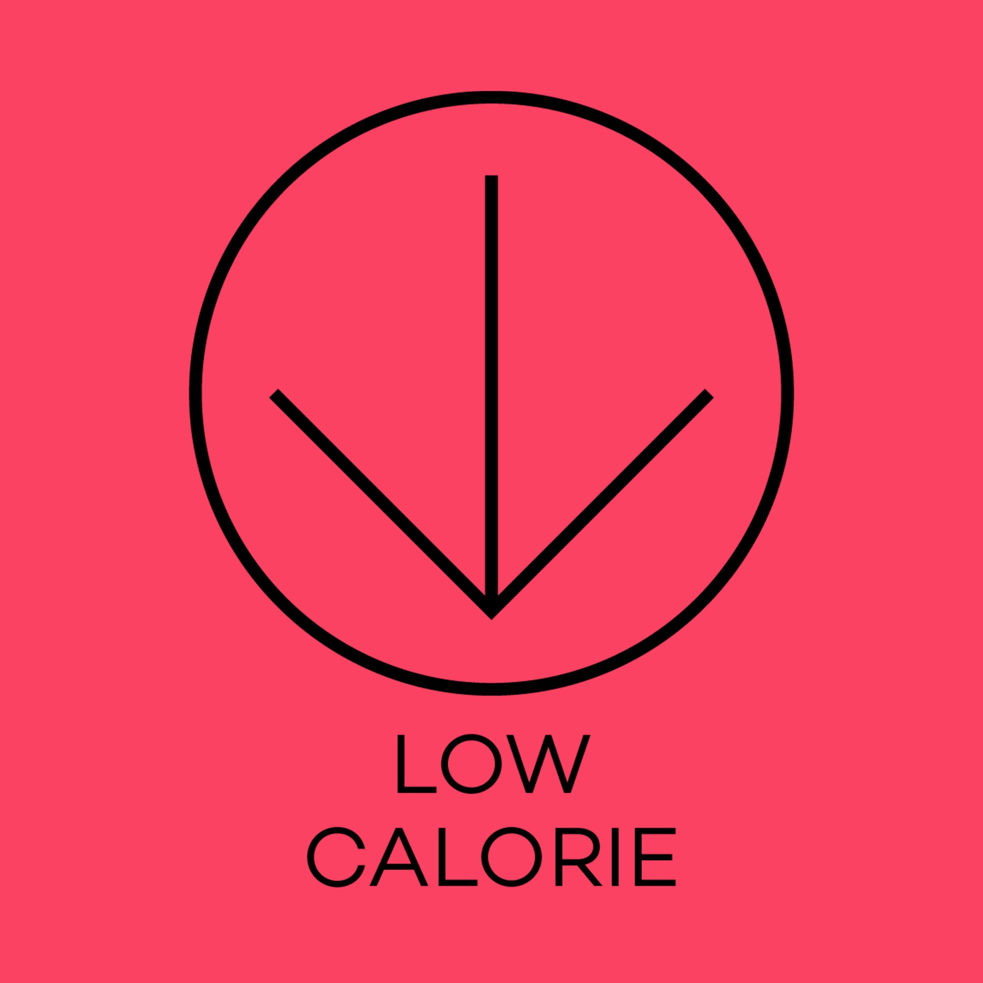 Black 'Low Calorie' symbol on a pink background