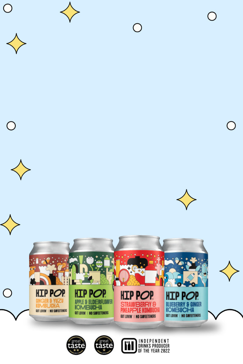 Hip Pop Kombucha range with a branded background and award logos