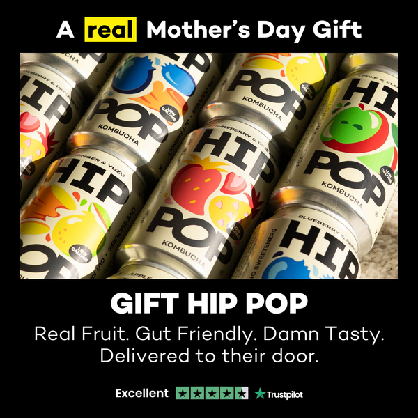 Colourful cans of Hip Pop kombucha arranged together with text promoting Mother’s Day gifts and fruit-flavoured kombucha delivery.