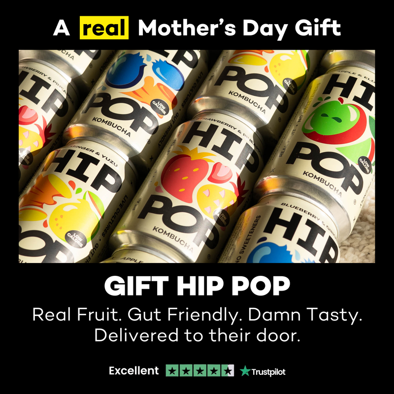 Colourful cans of Hip Pop kombucha arranged together with text promoting Mother’s Day gifts and fruit-flavoured kombucha delivery.