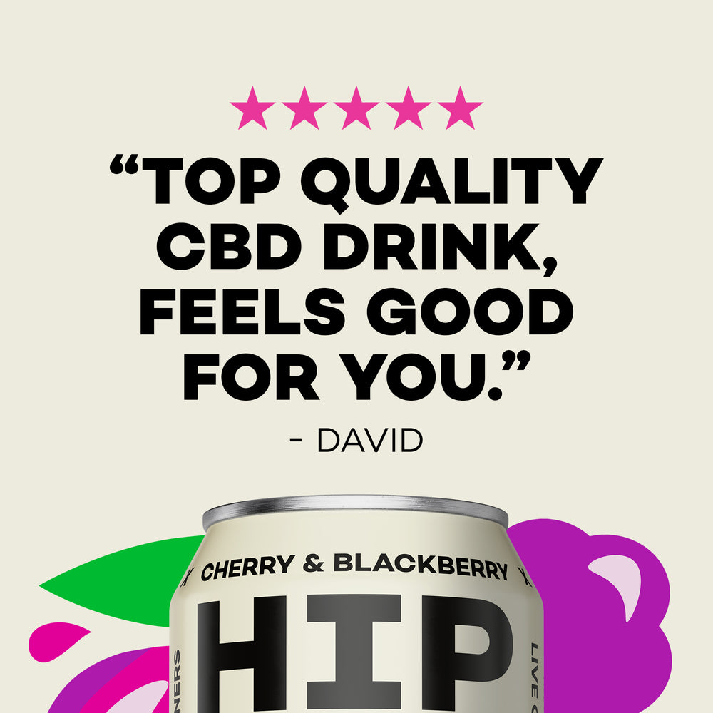 Can of Cherry & Blackberry HIP drink with a 5-star review with a quote saying "Top quality CBD drink, feels good for you. - David" on a beige background