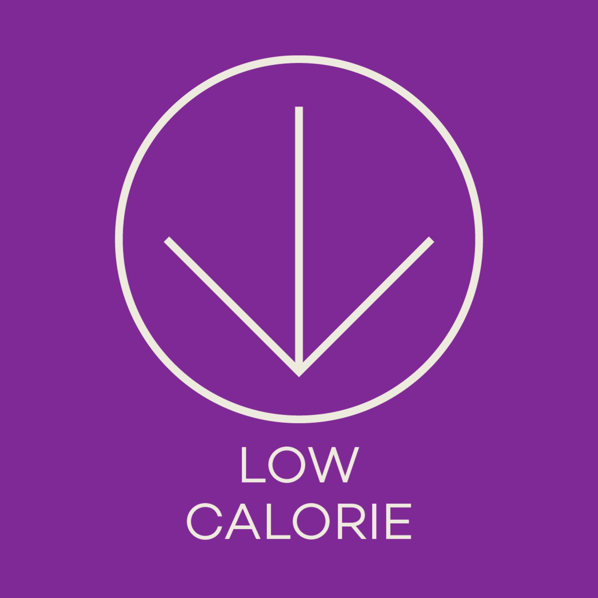 White arrow icon with 'LOW CALORIE' text on a purple background