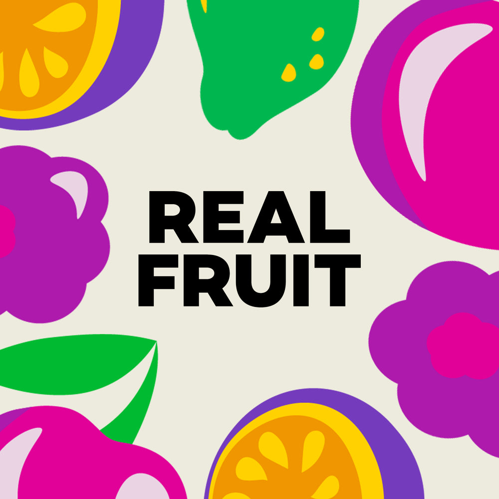 Colorful fruit illustrations with the text 'REAL FRUIT' on a light background