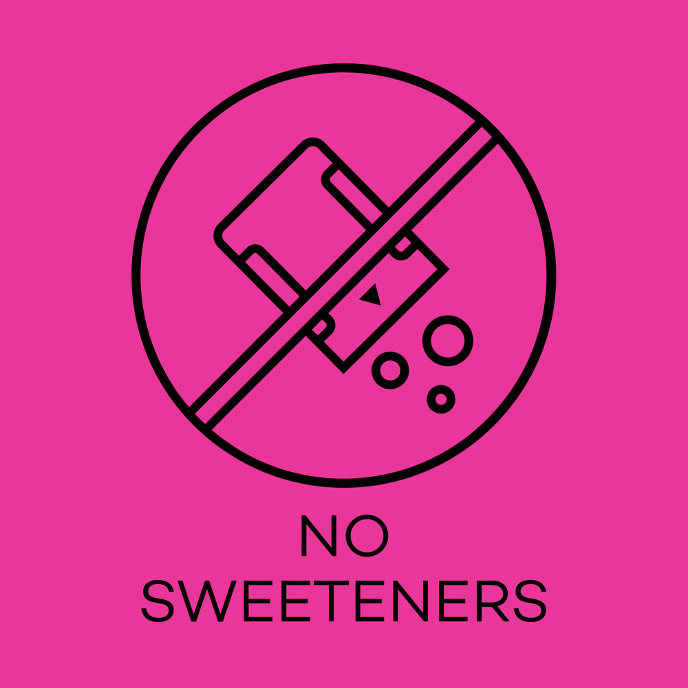 Icon of a can with a line through it on a pink background, indicating 'No Sweeteners'.