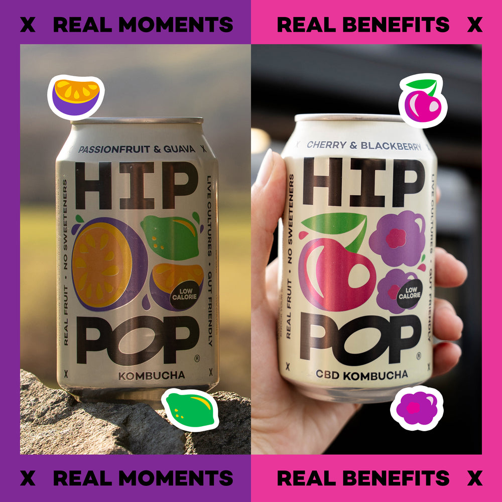 Two cans of HIP POP Kombucha with different flavors on a split background.