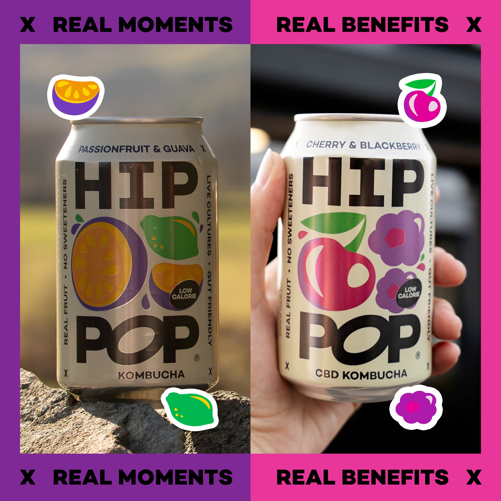 Two cans of HIP POP Kombucha with different flavors on a split background.