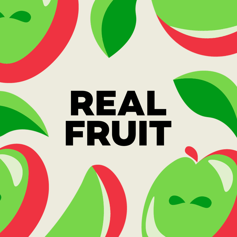 Pattern of green and red fruit illustrations with 'REAL FRUIT' text in the center.