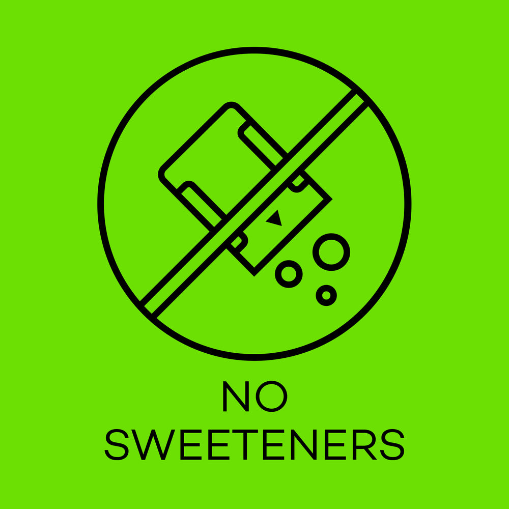 Icon of a can with a line through it on a green background, indicating 'No Sweeteners'.