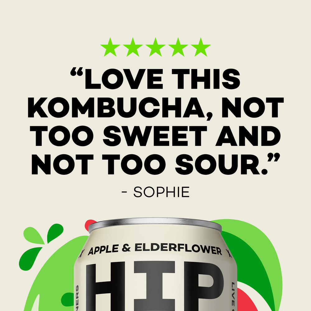 Can of HIP Apple & Elderflower Kombucha with a 5-star customer review saying "Love this Kombucha, not too sweet and not too sour. - Sophie" on a beige background