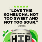 Can of HIP Apple & Elderflower Kombucha with a 5-star customer review saying "Love this Kombucha, not too sweet and not too sour. - Sophie" on a beige background