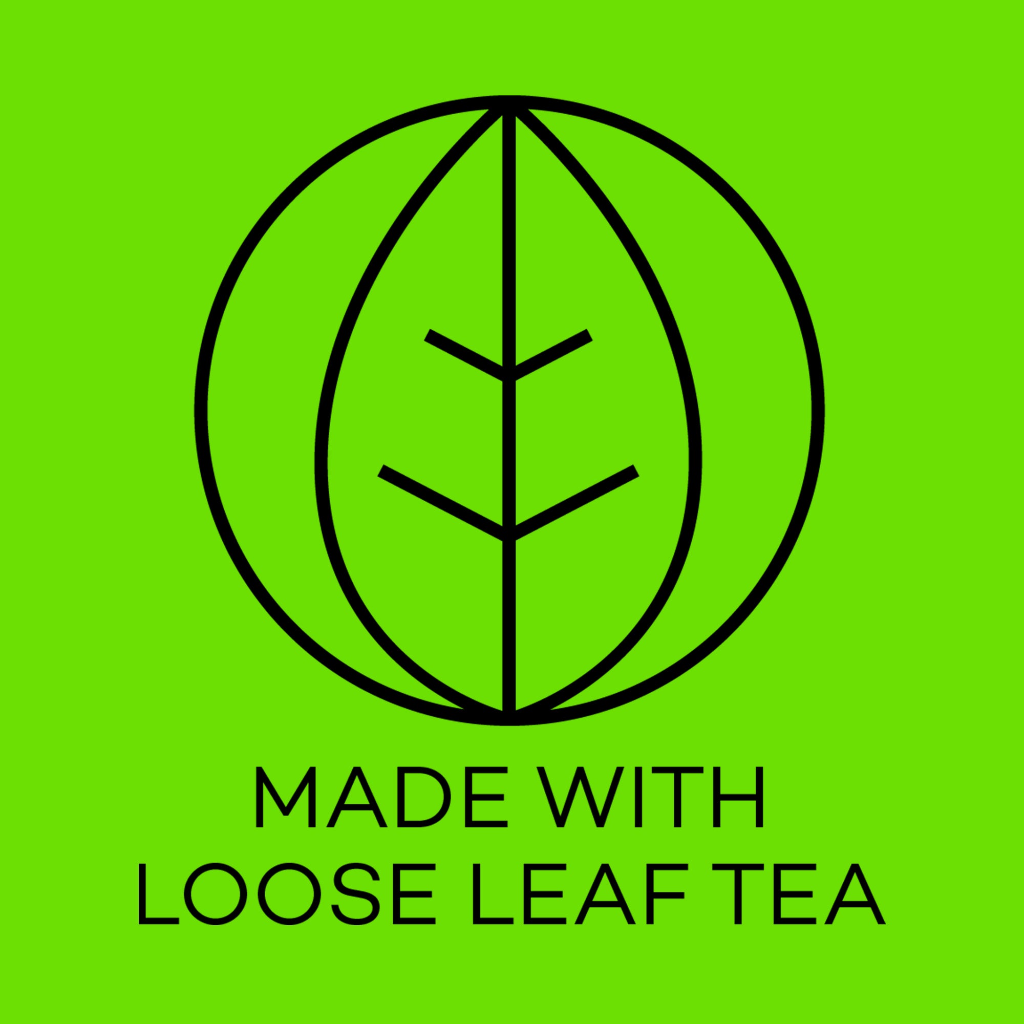 Logo with a leaf design and text 'Made with Loose Leaf Tea' on a green background