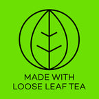 Logo with a leaf design and text 'Made with Loose Leaf Tea' on a green background