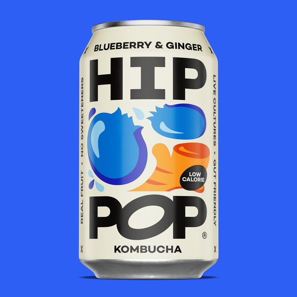 Can of HIP POP Blueberry & Ginger Kombucha on a blue background