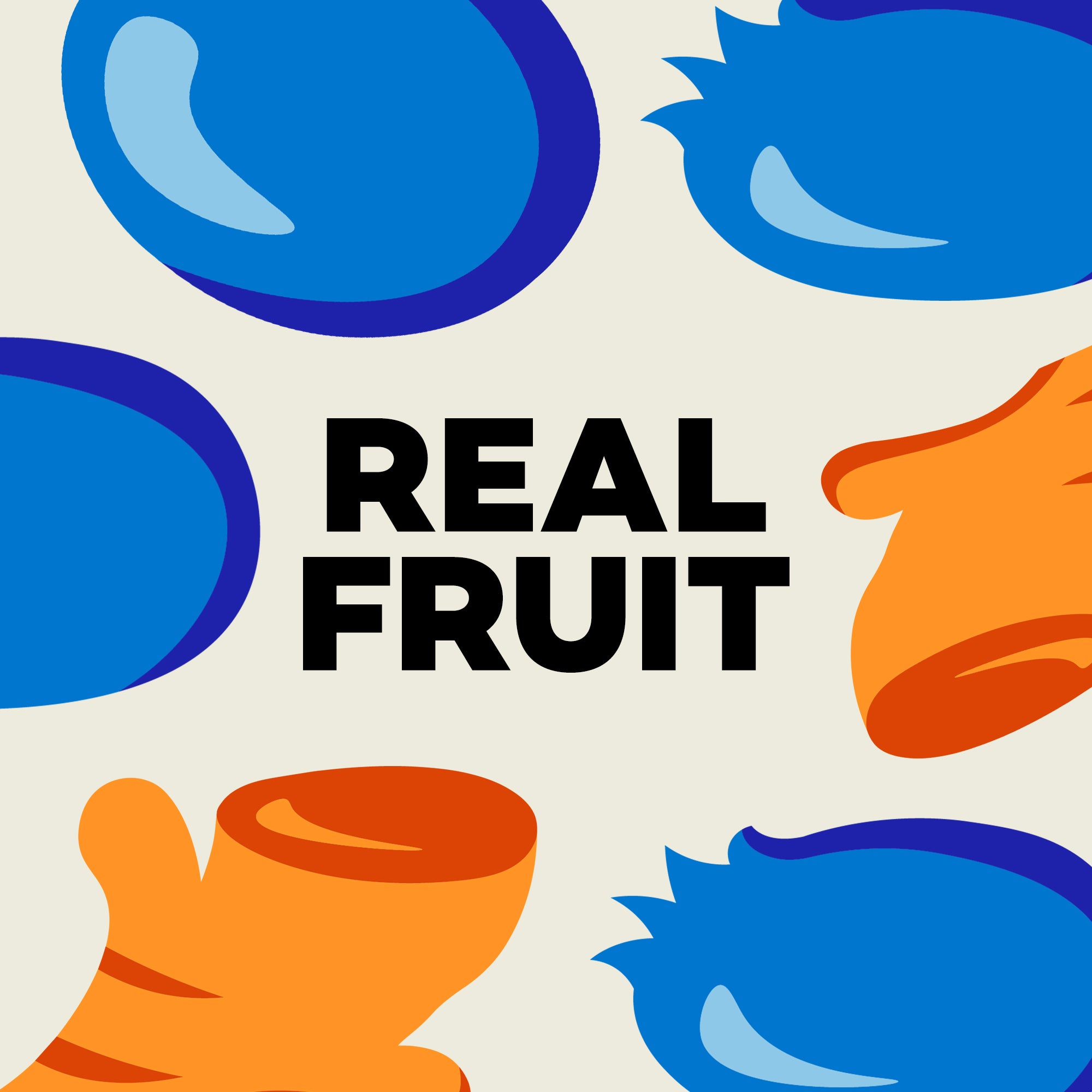 Illustrations of blue and orange fruits with 'REAL FRUIT' text on a beige background
