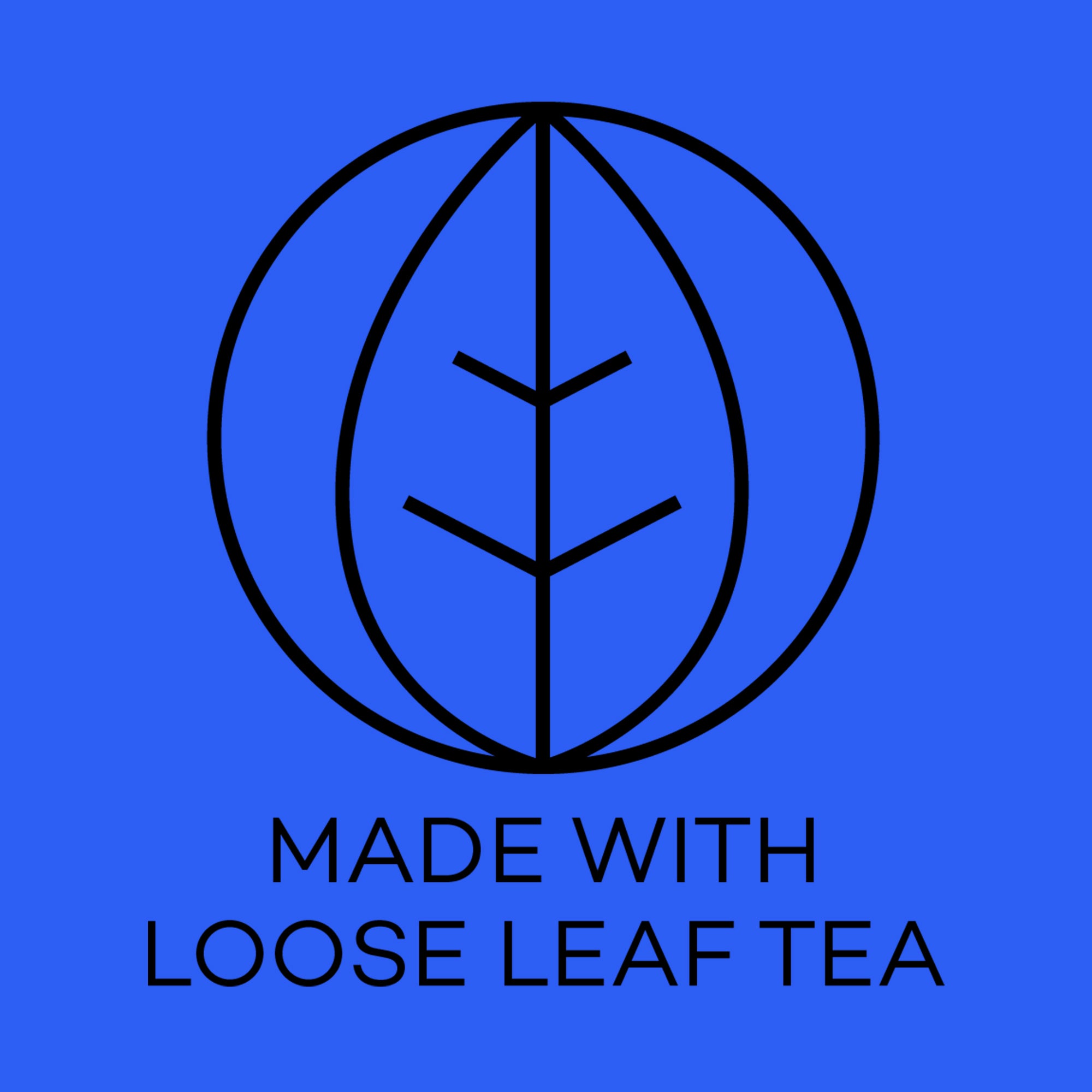 Logo with a leaf design and text 'Made with Loose Leaf Tea' on a blue background