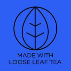 Logo with a leaf design and text 'Made with Loose Leaf Tea' on a blue background