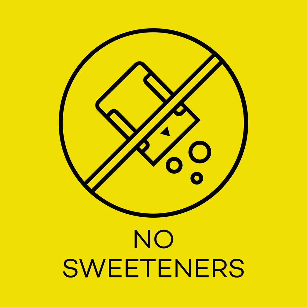 Icon of a sweetener with a line through it on a yellow background, indicating 'No Sweeteners'.