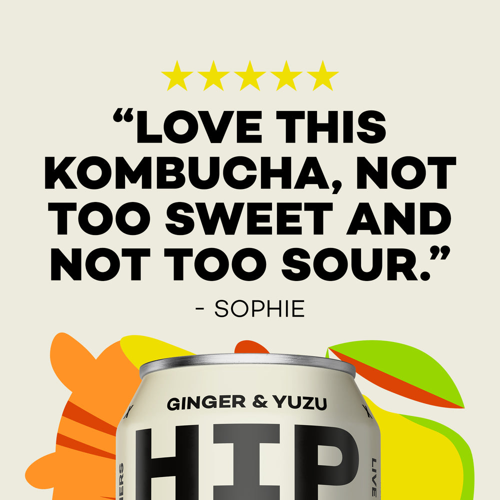Can of HIP Ginger & Yuzu kombucha with a five-star customer review and quote which says "Love this Kombucha, not too sweet and not too sour - Sophie" and colorful graphics on a beige background