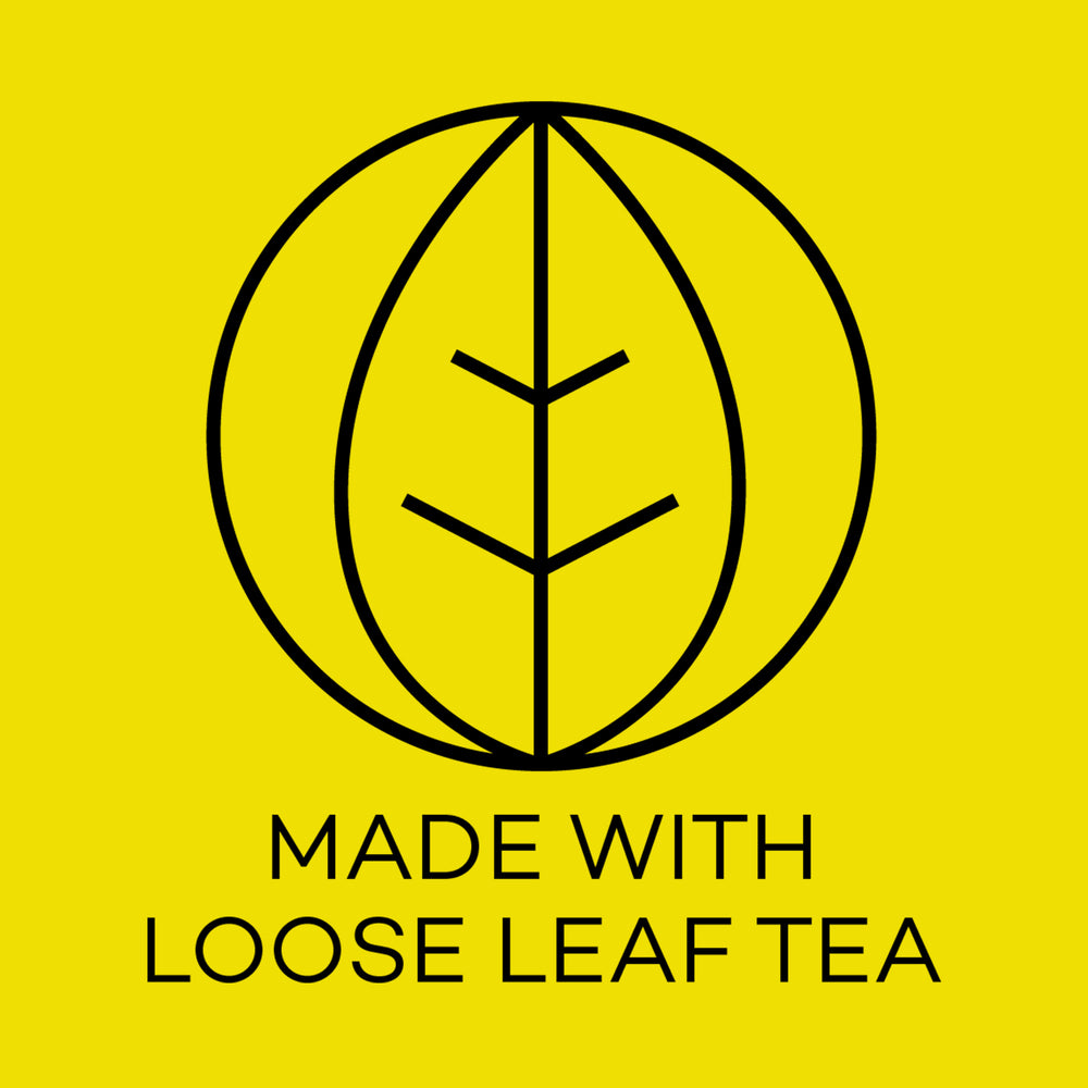 Logo with a leaf design and text 'Made with Loose Leaf Tea' on a yellow background