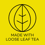 Logo with a leaf design and text 'Made with Loose Leaf Tea' on a yellow background