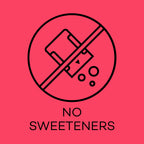 Icon of a can with a crossed-out line on a red background with 'No Sweeteners' text.