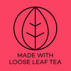 Black leaf symbol on a pink background with 'Made with Loose Leaf Tea' text.