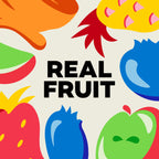 Colorful cartoon fruits with 'REAL FRUIT' text on a beige background