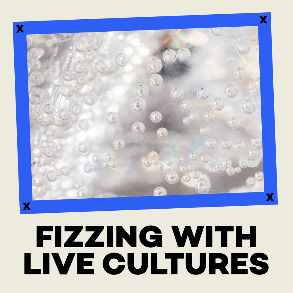 Close-up of bubbles with text 'Fizzling with Live Cultures' on a beige background