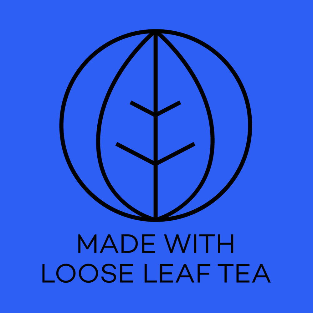 Logo with a leaf design and text 'Made with Loose Leaf Tea' on a blue background