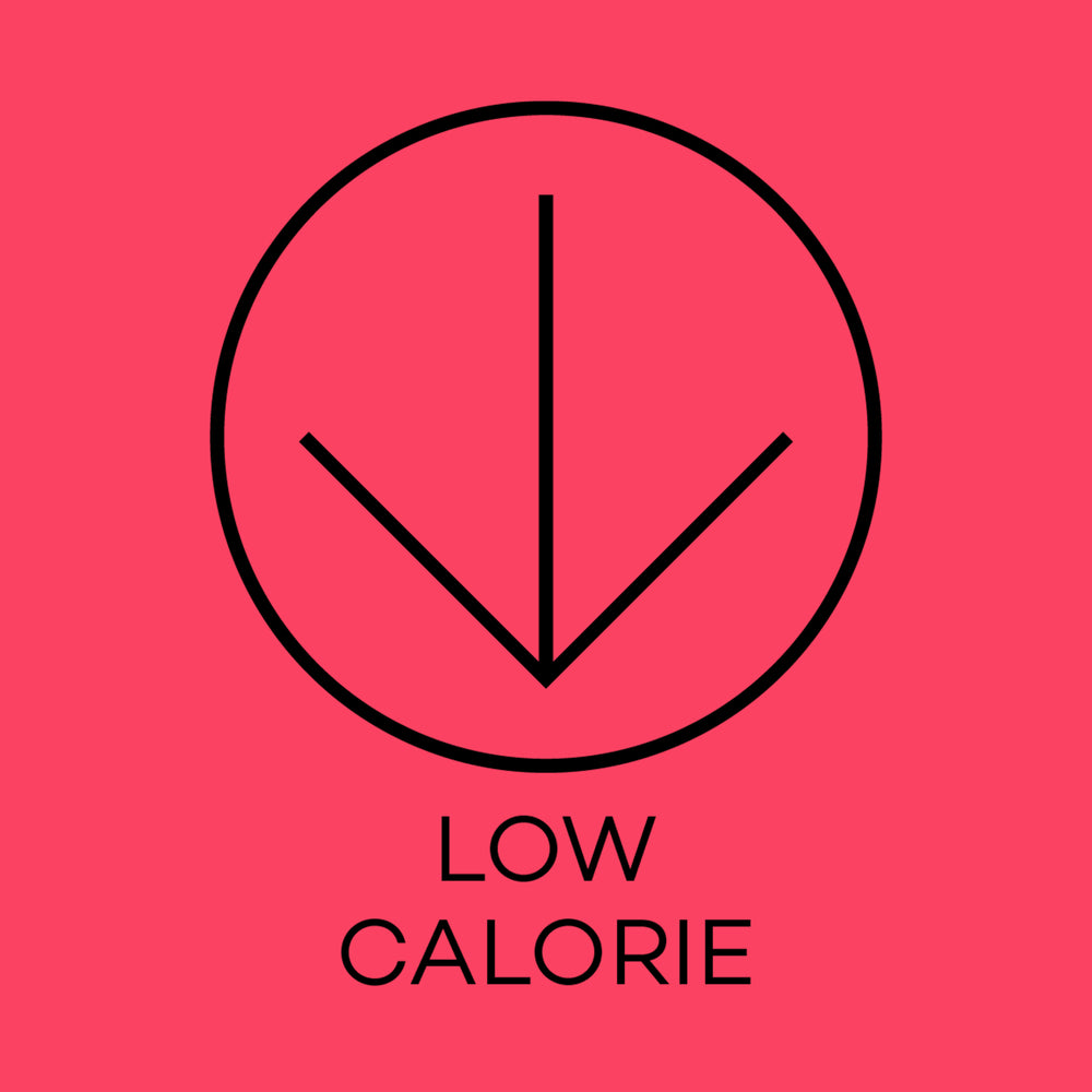 Black 'Low Calorie' symbol on a pink background