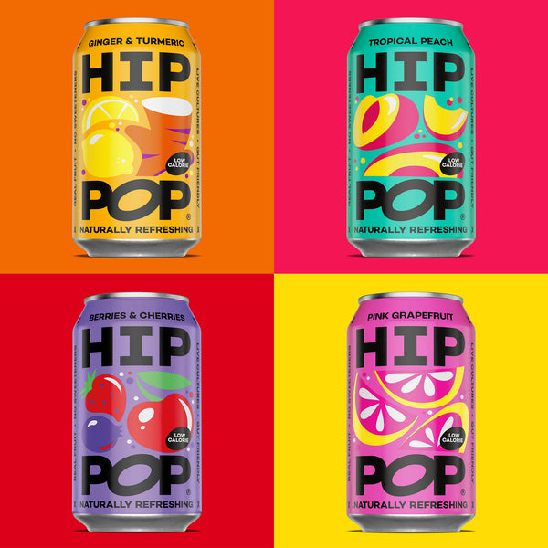 Four colorful cans of HIP POP drinks on a multicolored background