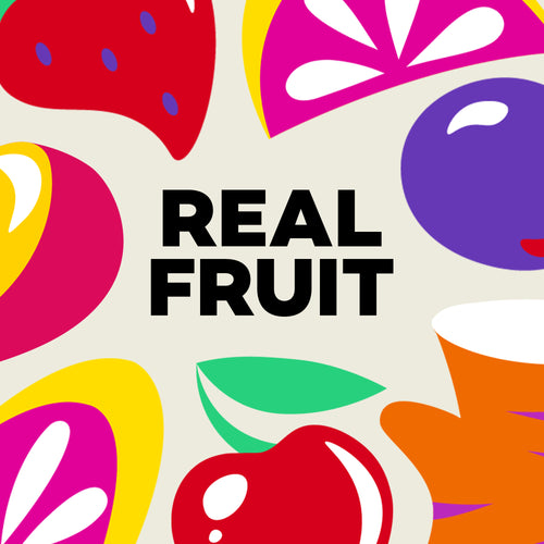 Colorful fruit illustrations with the text 'REAL FRUIT' on a beige background