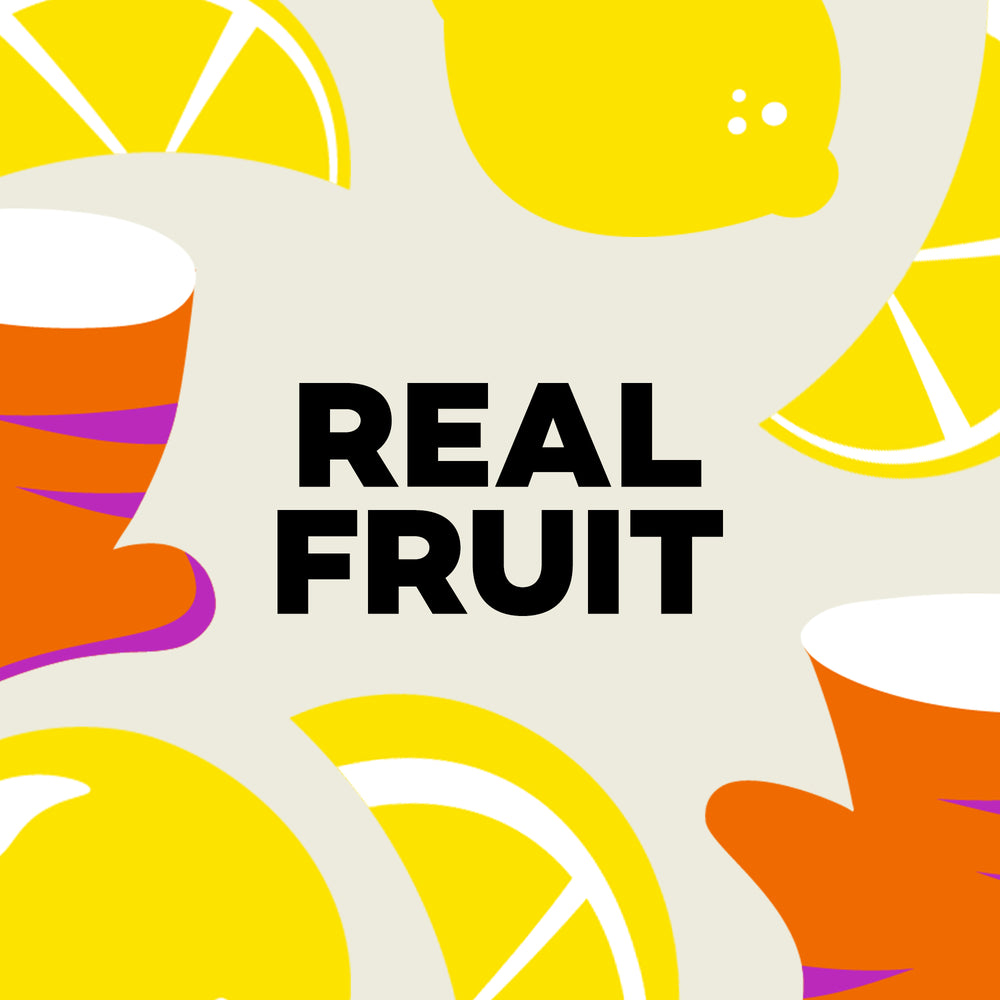 Illustrations of sliced ginger turmeric and lemons with the text 'REAL FRUIT' on a light background.