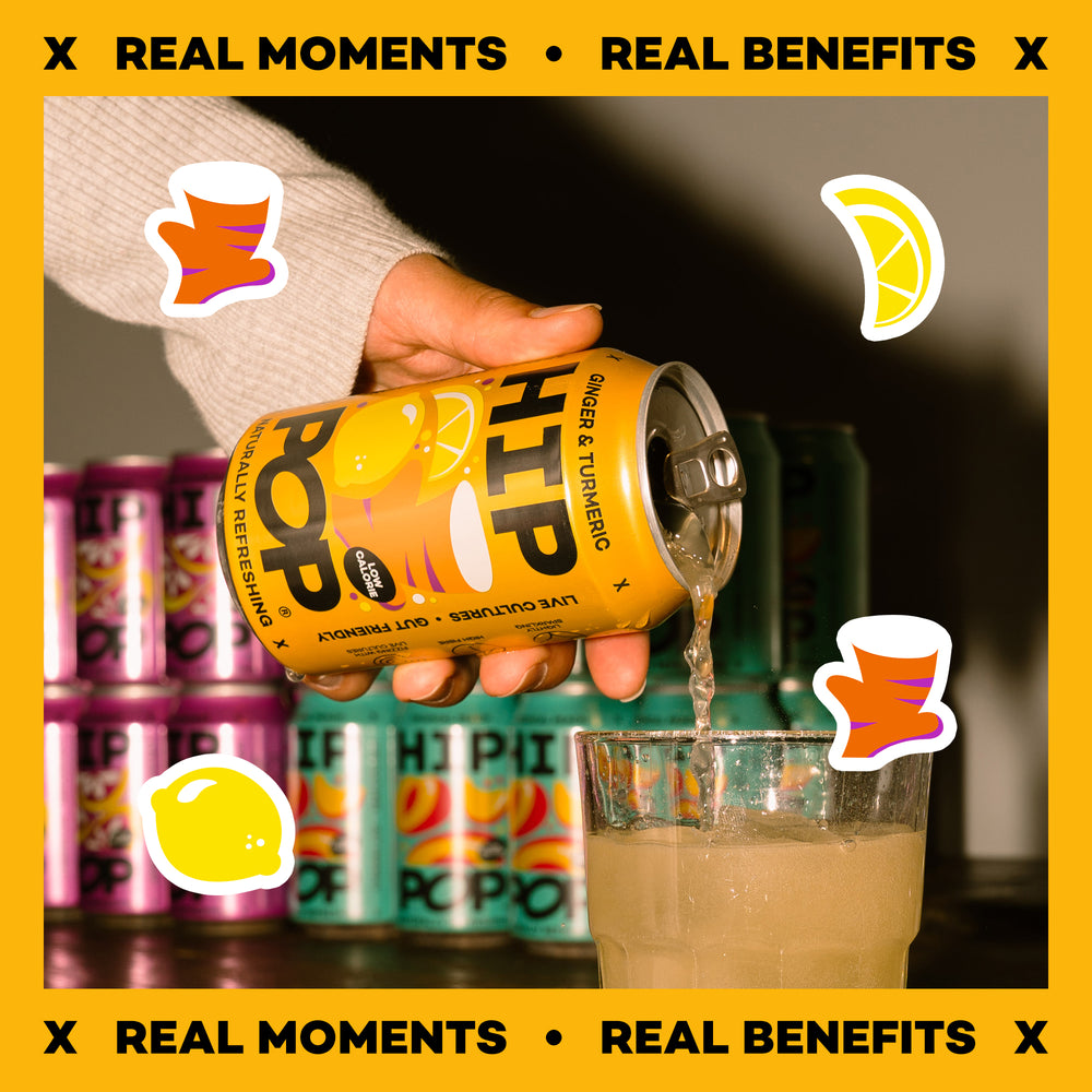 Hand pouring a can of HIP pop into a glass with lemon graphics and text about 'Real Moments' and 'Real Benefits'.