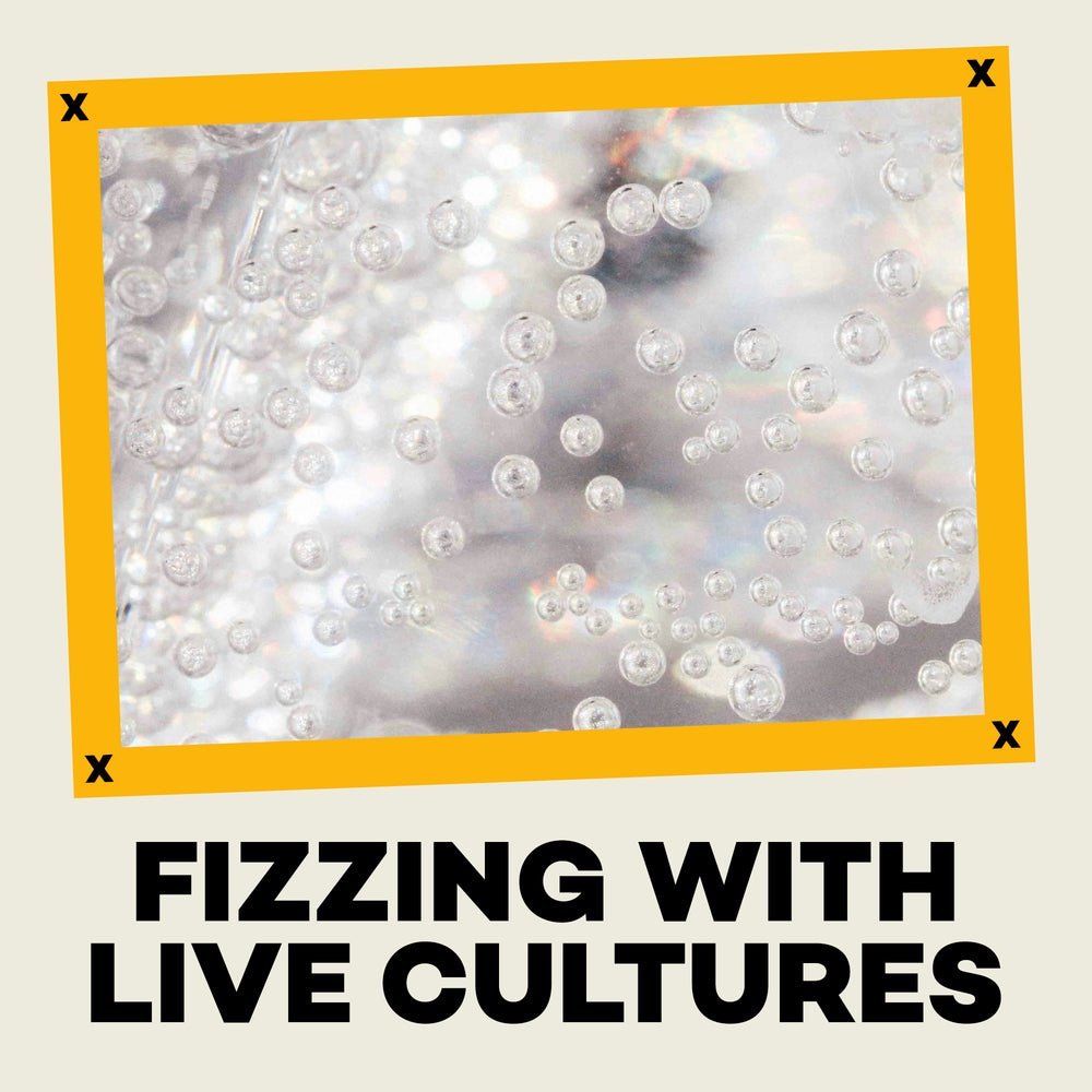 Close-up of bubbles with text 'Fizzling with Live Cultures' on a beige background