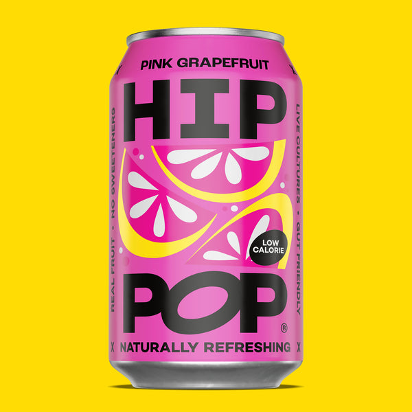 Pink Grapefruit HIP POP can on a yellow background