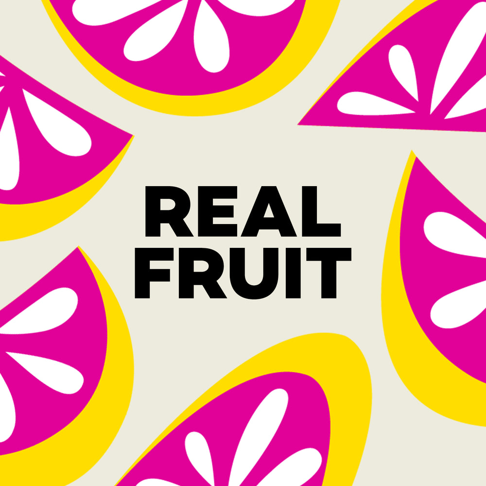 Pattern of pink and yellow fruit slices with 'REAL FRUIT' text on a beige background