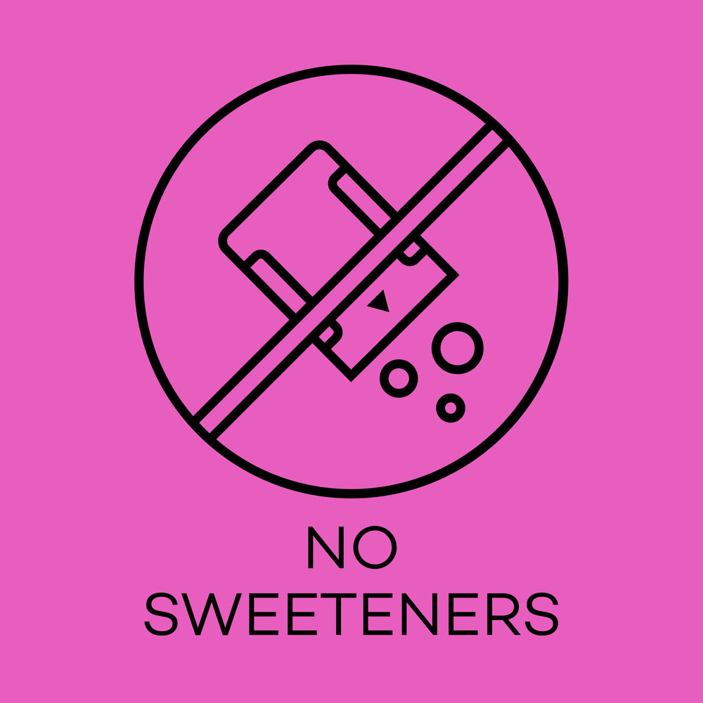 Icon of a can with a line through it on a pink background, indicating 'No Sweeteners'.