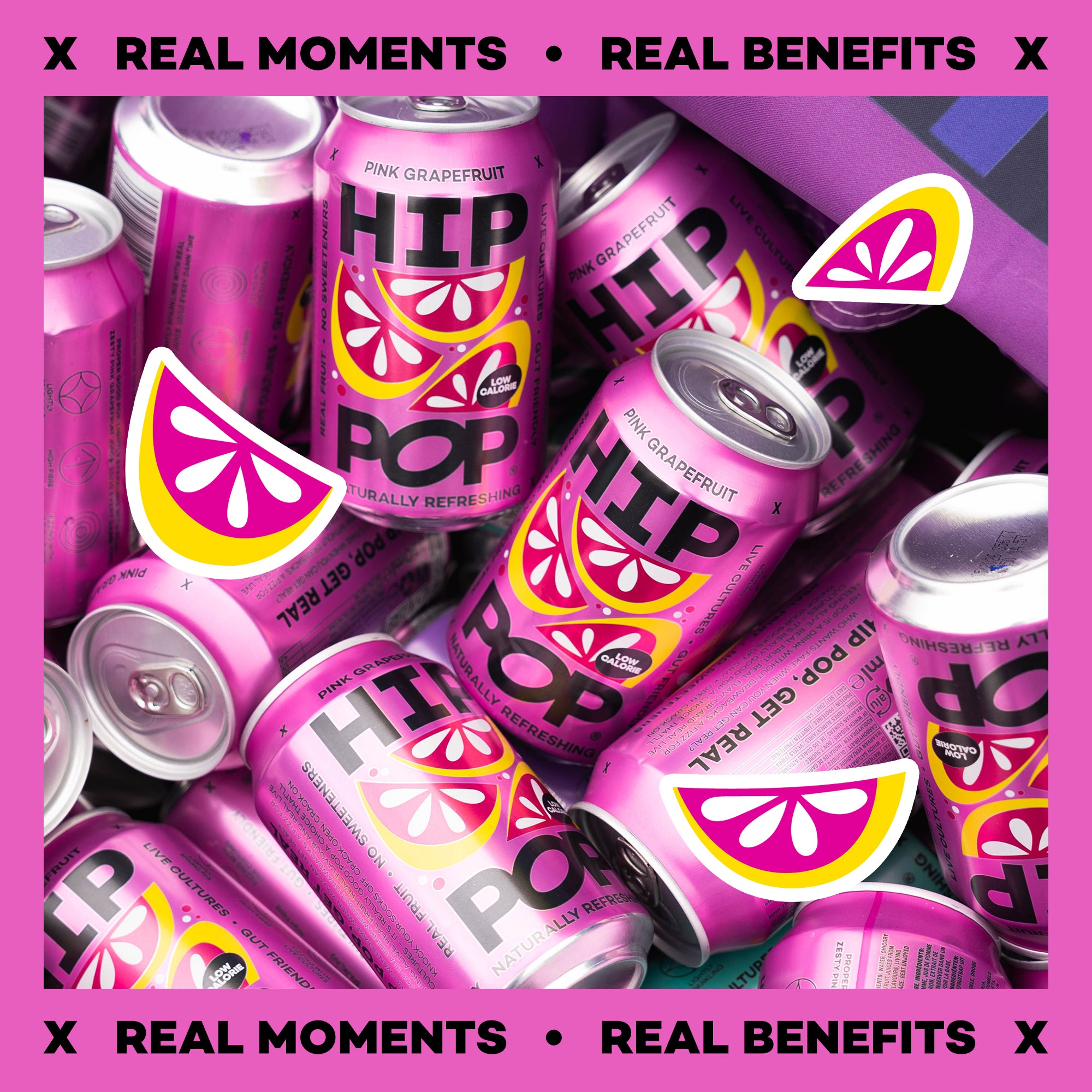 Pink grapefruit HIP POP cans with branding and text on a pink background