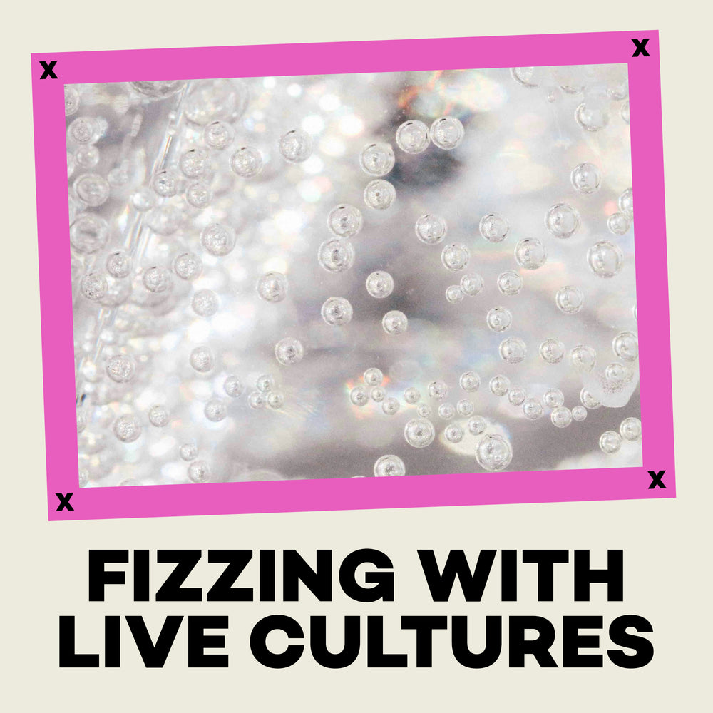 Text 'Fizzling with Live Cultures' over a close-up of bubbles with a pink border.