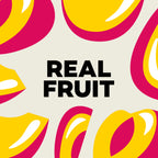 Colorful pattern of peaches with 'REAL FRUIT' text on a beige background
