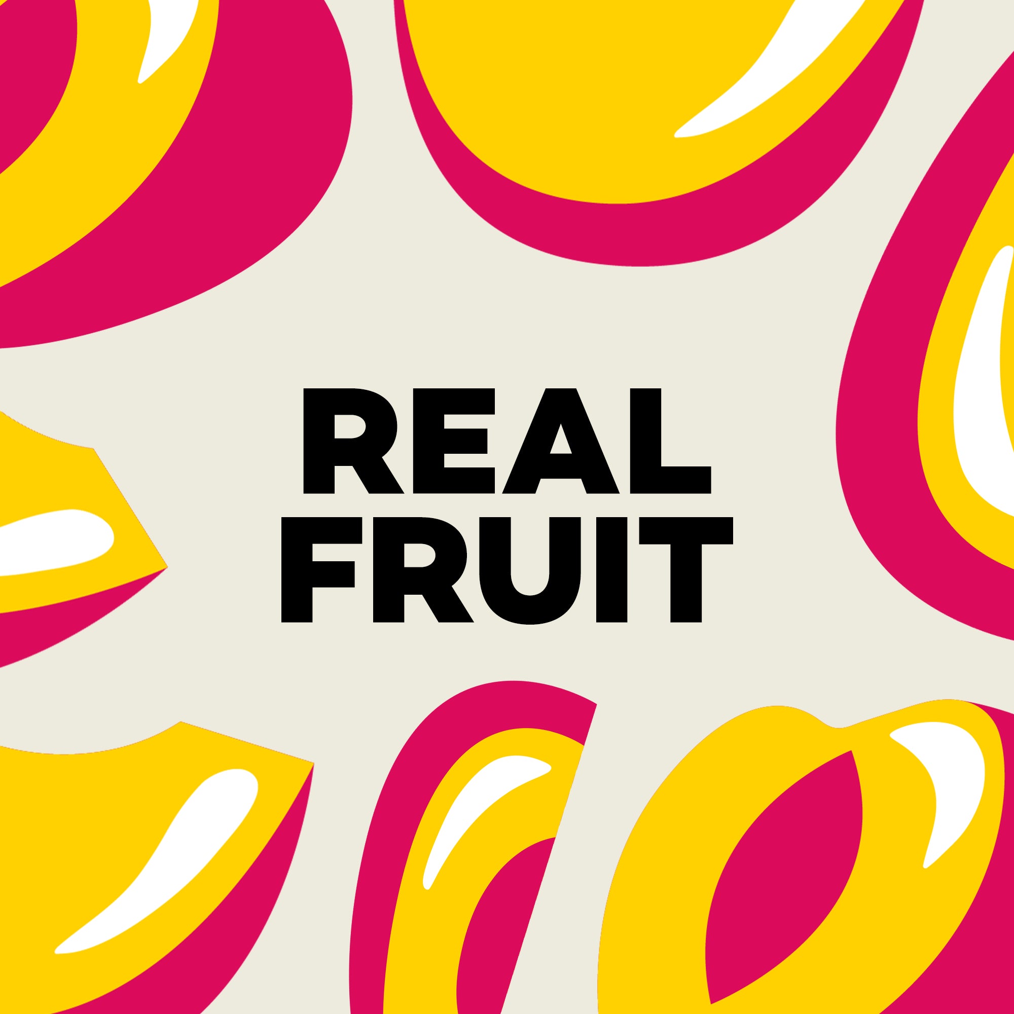 Colorful pattern of peaches with 'REAL FRUIT' text on a beige background