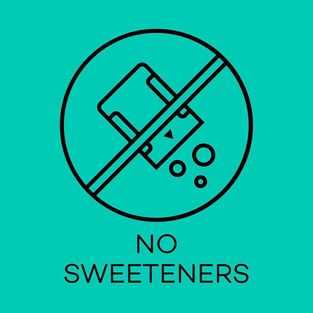 Icon of a cup with a line through it on a teal background, indicating 'No Sweeteners'.